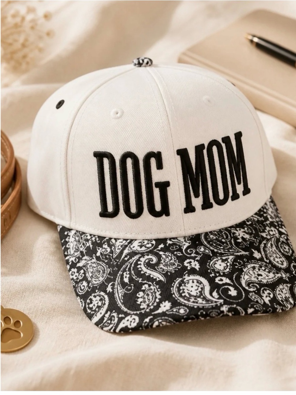 Zenana Outfitters Dog Mom White & Black Paisley Baseball Cap